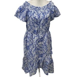 Vineyard Vines Blue White leaf silk blend High Low Dress smocked neckline 16